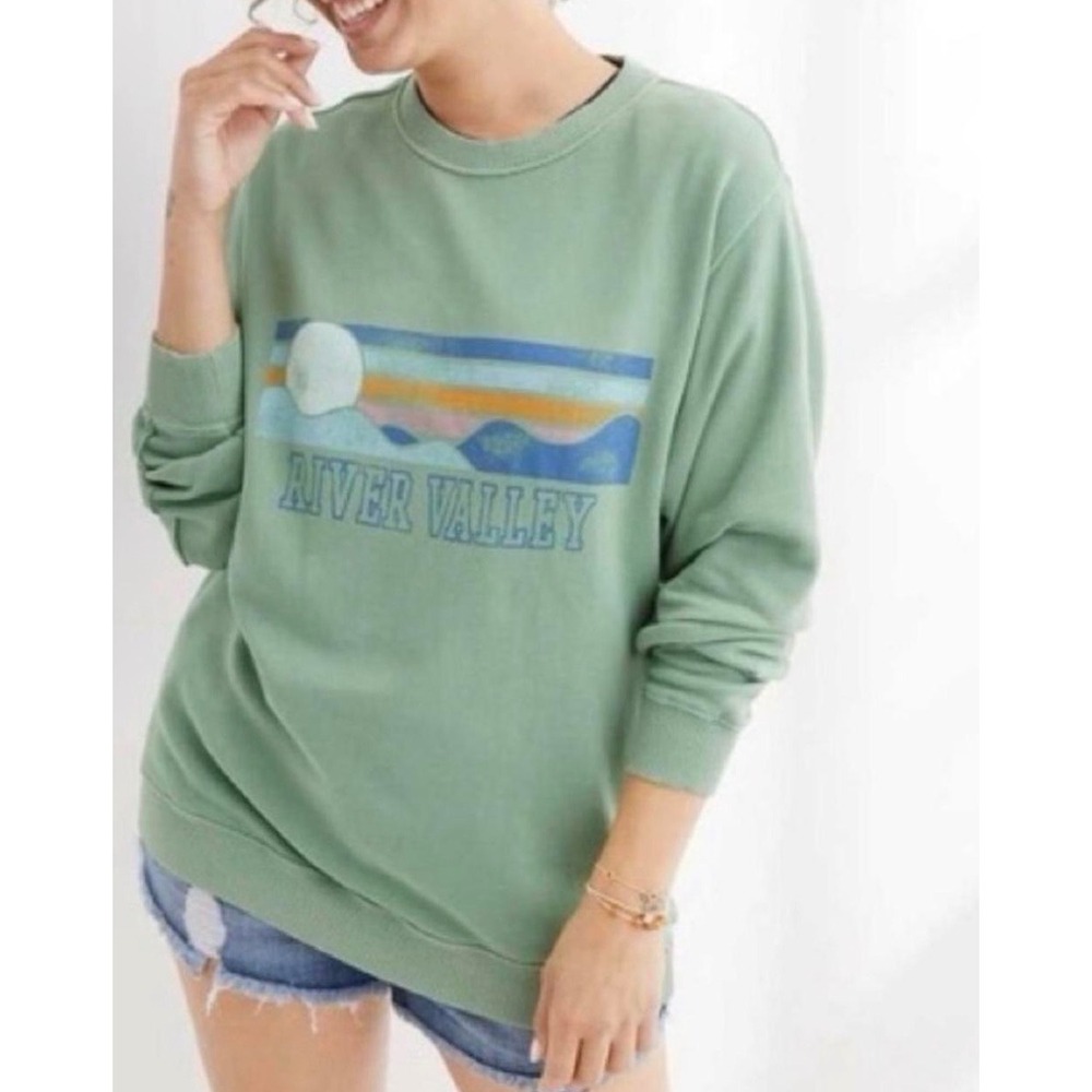Aerie River Valley Graphic Sweatshirt Sage Green Oversized Crewneck XS NWT